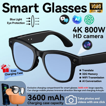 2026 New AI Smart Glasses 800W Camera 4K Ultra HD Video Recording Translation 3600mAh Charging Case AI Conversation 32GB Storage