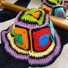 Women Muticolor Crochet Korean Handmade Bucket Hat Women Weaving Knitted Hat Y2k Fashion Flowers Autumn Winter Beanies Basin Cap