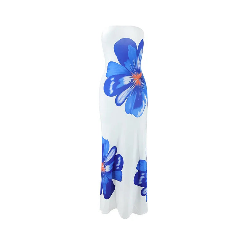 Fashion Milk Silk Fabric Floral Print Sexy Long Dresses Elegant Backless Bodycon High Waist Midi Dress 2025 Summer Vacation Boho