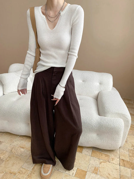Lightweight travel comfort semi elastic high waist slimming casual wide leg pants