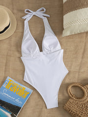Women's White Halter One-Piece Swimsuit Deep V Neck Ruched Waist High Cut Bathing Suit for Beach Vacation Swimwear