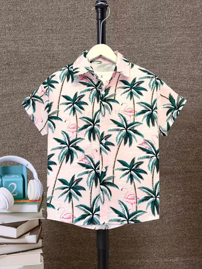 Kids Hawaiian Leaf Print Short Sleeve Beach Shirt