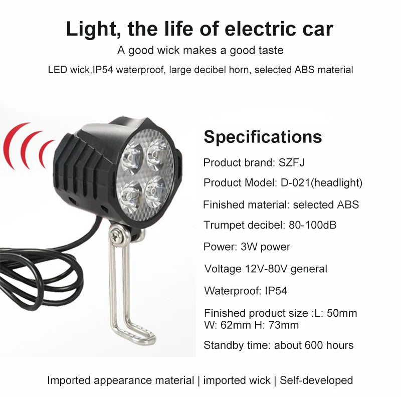 Waterproof E-Bike Headlight Horn Set Electric Bike