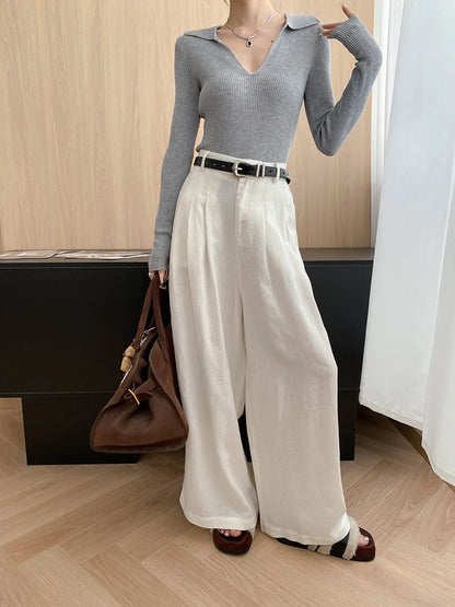 Lightweight travel comfort semi elastic high waist slimming casual wide leg pants