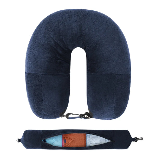 Travel Neck Pillow with Fillable Clothing U Shaped Pillowcase Velvet Cover Extra Storage Bag for Airplane Travel Space Saving