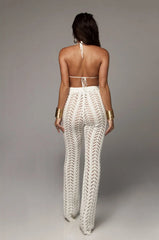 Beach Wear Straight Pant Vacation Outfits Clothes For Women Knitted Hollow Out Lace-Up Causal Trousers Solid Color