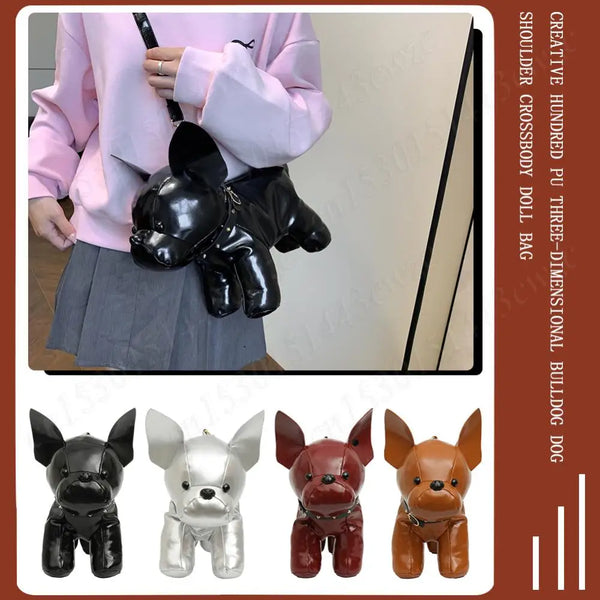 Messenger Bag PU Leather Adjustable Strap Shoulder Bag for Men Women Bulldog Shaped Crossbody Bag with Zipper Satchel Purse