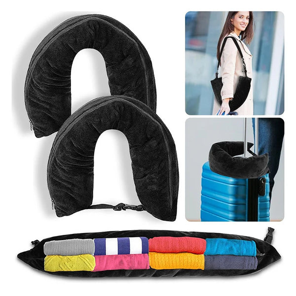 2-in-1 Travel Neck Pillow with Clothing Storage Bag – Soft U-Shaped Headrest, Fillable & Waterproof for Airplane Comfort