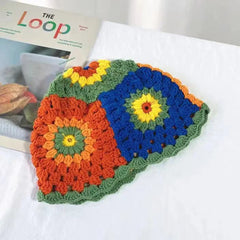 Women Muticolor Crochet Korean Handmade Bucket Hat Women Weaving Knitted Hat Y2k Fashion Flowers Autumn Winter Beanies Basin Cap