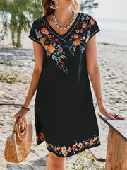 Women's Summer Vacation V Neck Floral Print Short Sleeve Dress, Casual Holiday, Elegant Ladies Fashion Clothing