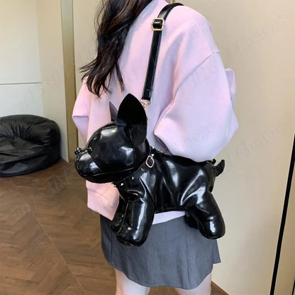 Messenger Bag PU Leather Adjustable Strap Shoulder Bag for Men Women Bulldog Shaped Crossbody Bag with Zipper Satchel Purse
