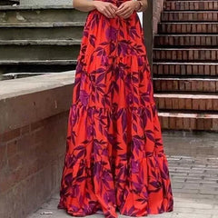 Vacation Women Floral Print Vestidos Summer Women's Fashionable Printed Round Neck Long Ruffle Edge Sexy Hollow Lace Up Dresses