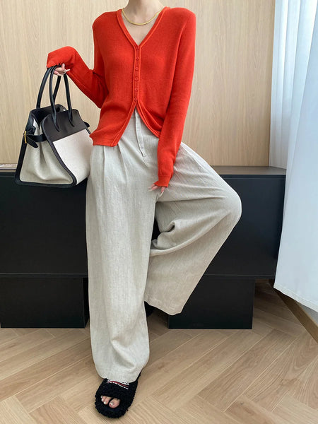 Lightweight travel comfort semi elastic high waist slimming casual wide leg pants