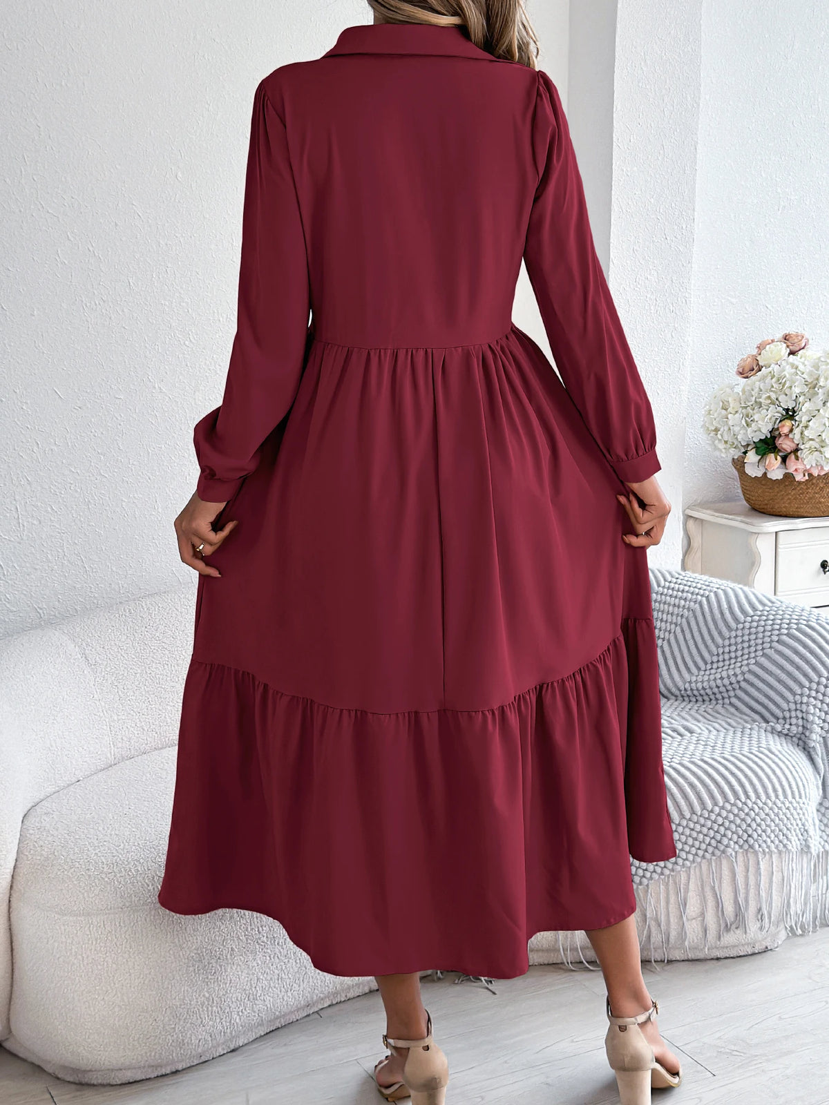 Casual Vacation Long Sleeved Turn-down Collar Single-Breasted Dress Spring Autumn Fashion Women&