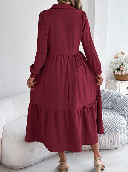 Casual Vacation Long Sleeved Turn-down Collar Single-Breasted Dress Spring Autumn Fashion Women&