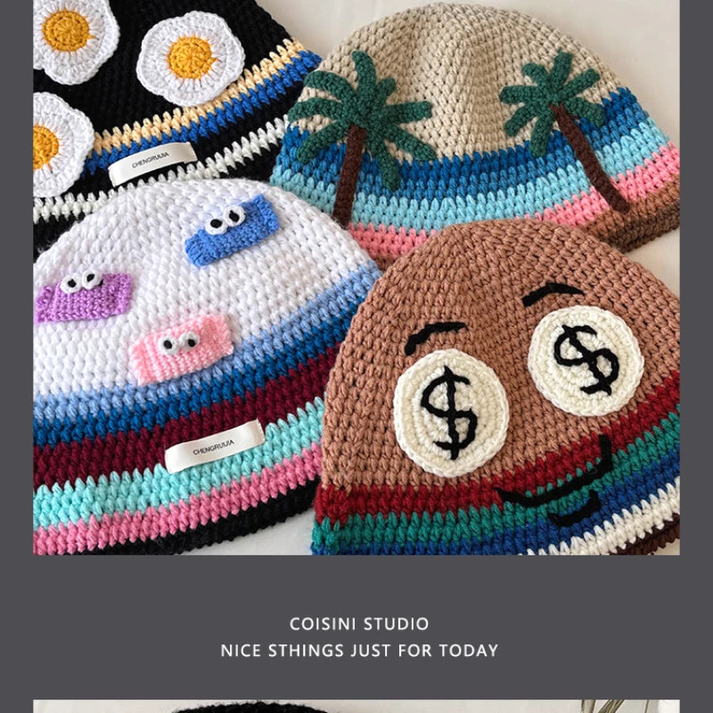 Cute Cartoon Knitted Bucket Hat for Women Men Fashion