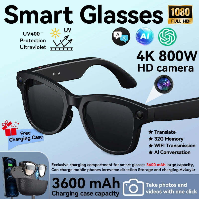 2026 New AI Smart Glasses 800W Camera 4K Ultra HD Video Recording Translation 3600mAh Charging Case AI Conversation 32GB Storage