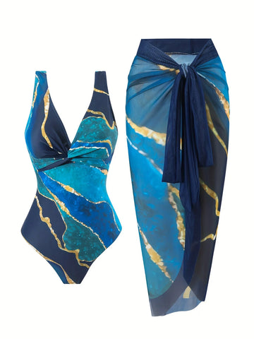 2 Piece Swimsuits, V Neck High Stretch One-piece Bathing-suit & Cover Up Sarong Skirt, Women's Swimwear & Clothing