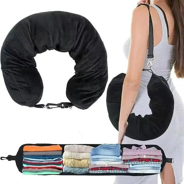 2-in-1 Travel Neck Pillow with Clothing Storage Bag – Soft U-Shaped Headrest, Fillable & Waterproof for Airplane Comfort