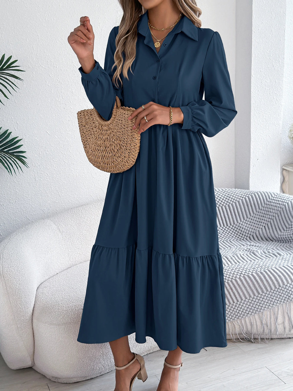 Casual Vacation Long Sleeved Turn-down Collar Single-Breasted Dress Spring Autumn Fashion Women&
