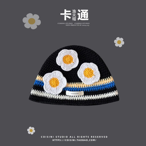 Ins Cute Cartoon Contrasting Color Knitted Bucket Hats Men Spring and Autumn Travel Photo Fashion Versatile Sweet Woman's Cap