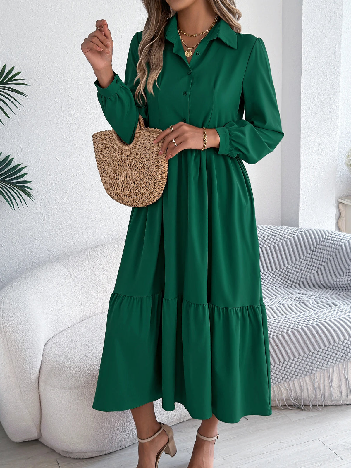 Casual Vacation Long Sleeved Turn-down Collar Single-Breasted Dress Spring Autumn Fashion Women&