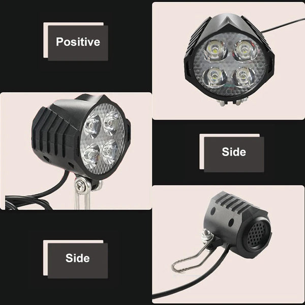 E-Bike 12V 24V 36V 48V 60V 72V Electric Bicycle Light with Horn Waterproof IPX4 Headlight Horn Set Front Headlight Horn Set