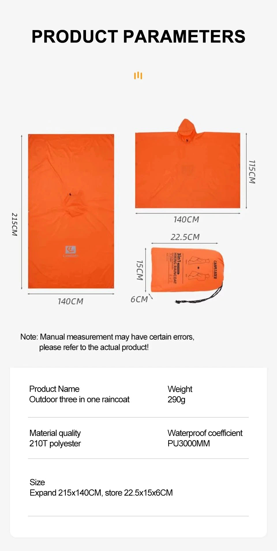 3 In 1 Waterproof Rain Poncho for Hiking and Camping