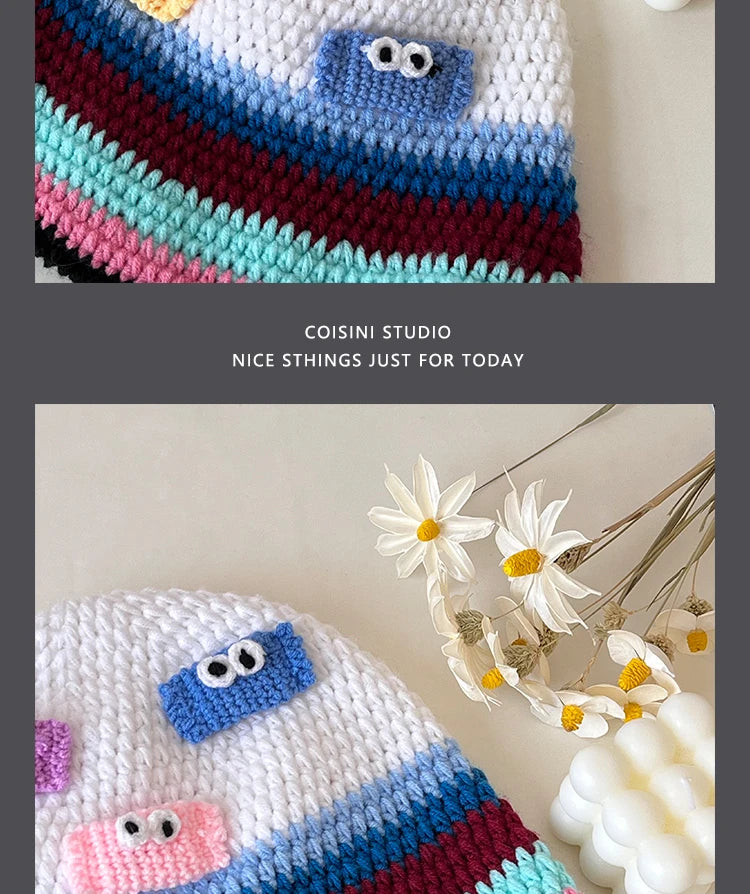 Cute Cartoon Knitted Bucket Hat for Women Men Fashion