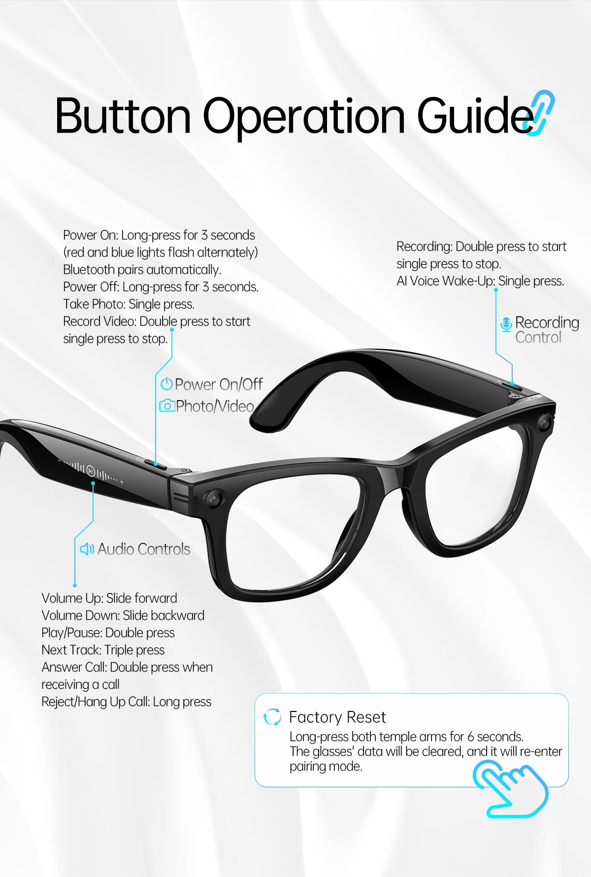 AI Smart Glasses 5 Million Pixels Recording Videos Photo Recognition Answer Translation 290mAh IP66 Waterproof Bluetooth Glasses