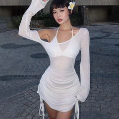 Sheer Swimsuit Coverup for Women Bathing Suit Cover Up Swimwear Drawstring Beach Bikini Dress Shirt for Poolside Seaside Party