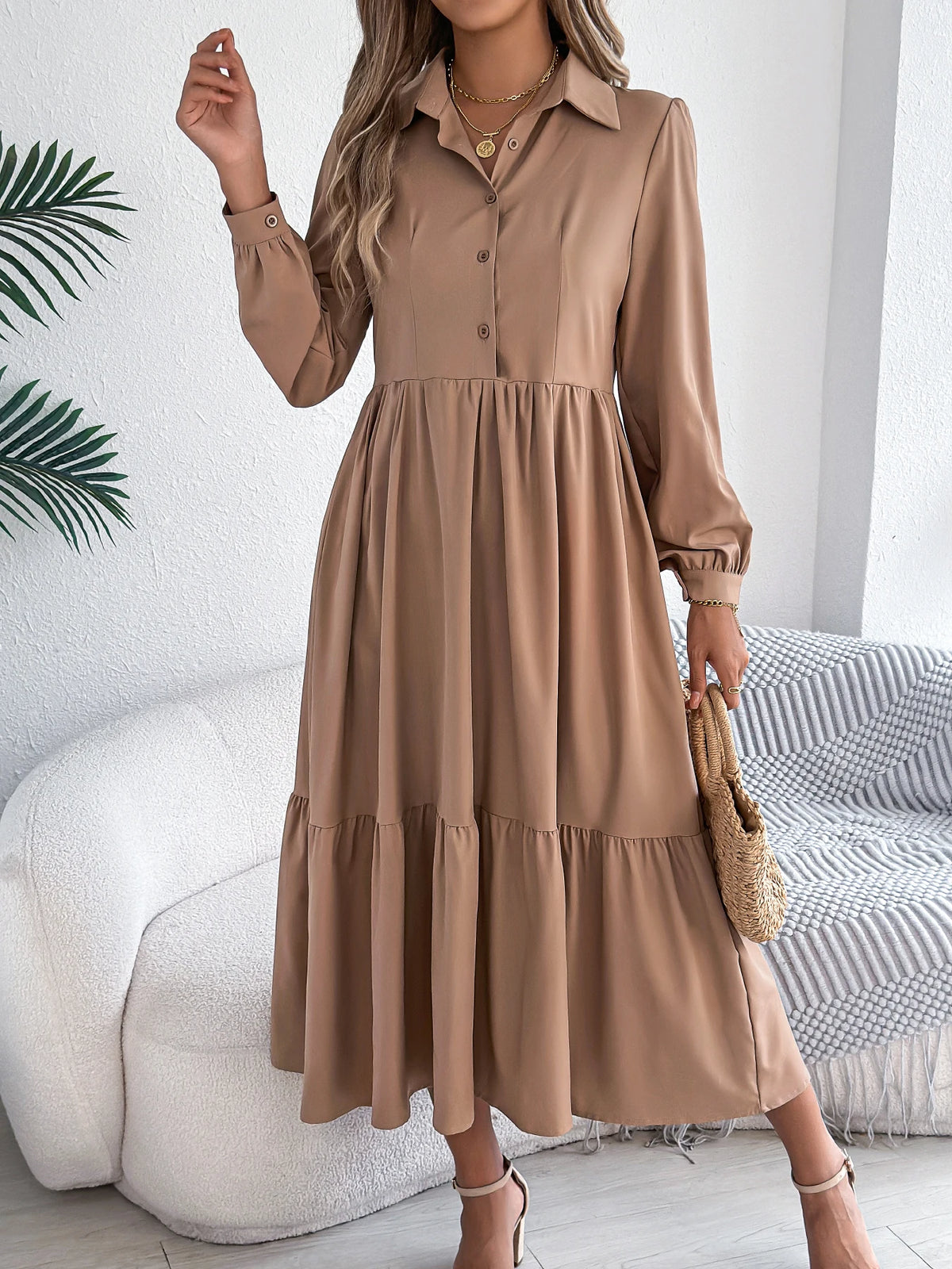 Casual Vacation Long Sleeved Turn-down Collar Single-Breasted Dress Spring Autumn Fashion Women&