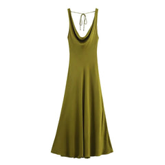 HH Women's Summer Vacation Style V-neck Satin Texture Dress Female Elegant Sexy Solid Backless Lace-up Strap Midi Dress