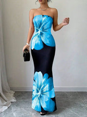 Fashion Milk Silk Fabric Floral Print Sexy Long Dresses Elegant Backless Bodycon High Waist Midi Dress 2025 Summer Vacation Boho