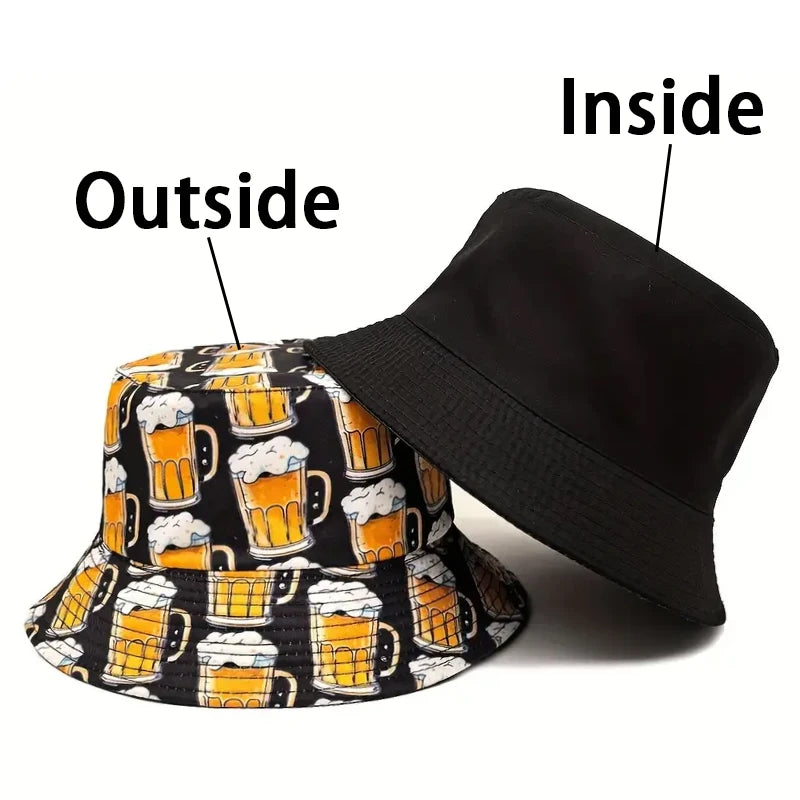 Funny Cartoon Beer Bucket Hat Double Sided Sun Cap