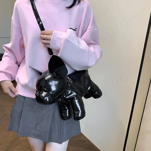 Messenger Bag PU Leather Adjustable Strap Shoulder Bag for Men Women Bulldog Shaped Crossbody Bag with Zipper Satchel Purse
