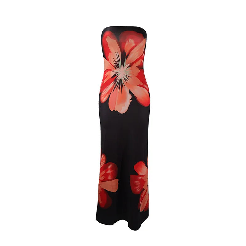 Fashion Milk Silk Fabric Floral Print Sexy Long Dresses Elegant Backless Bodycon High Waist Midi Dress 2025 Summer Vacation Boho