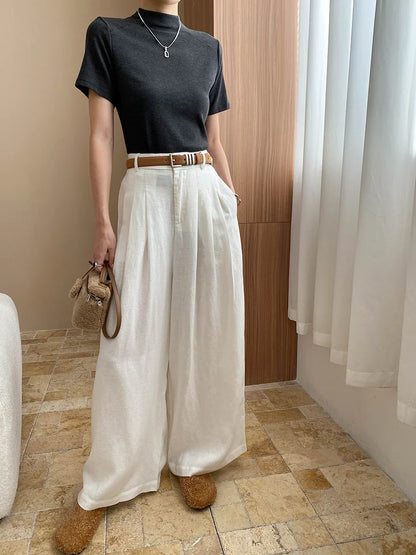 Lightweight travel comfort semi elastic high waist slimming casual wide leg pants