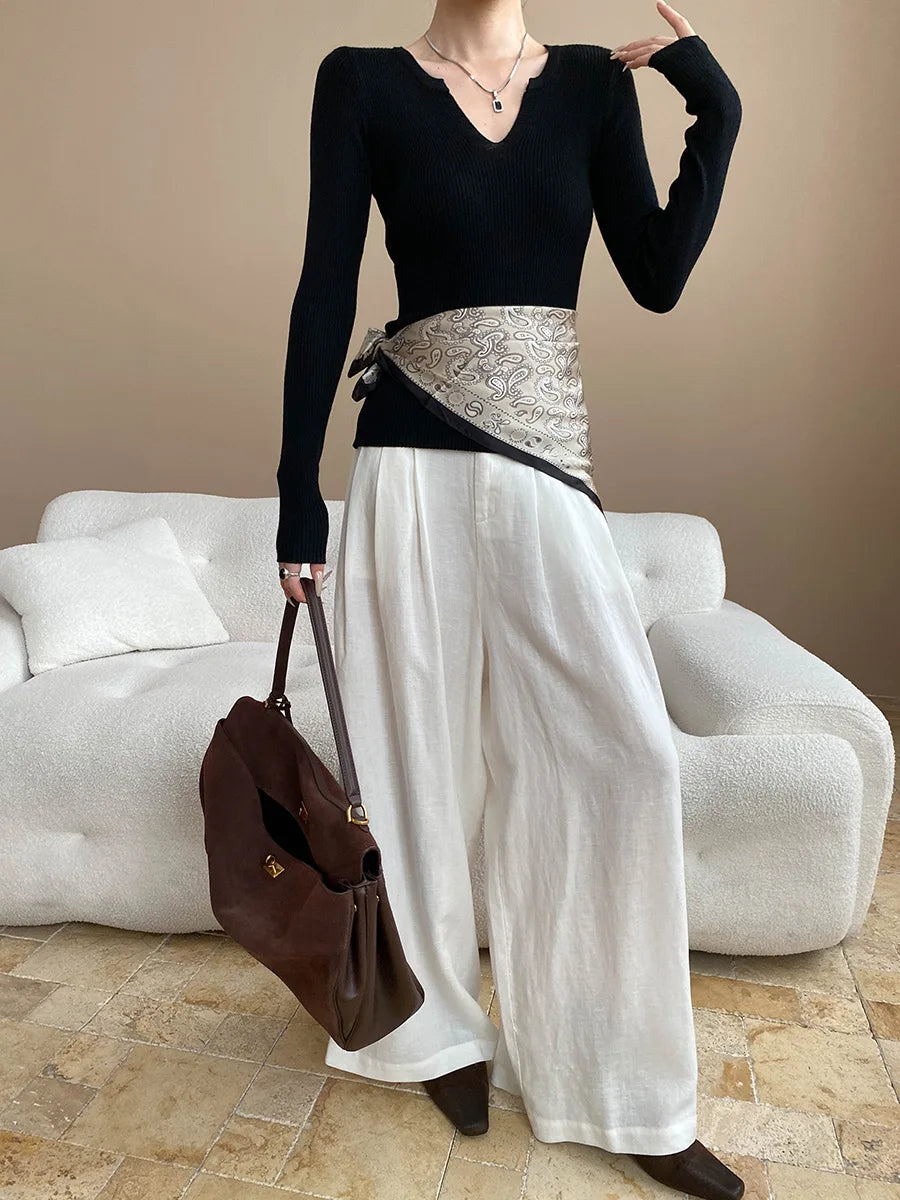 Lightweight travel comfort semi elastic high waist slimming casual wide leg pants
