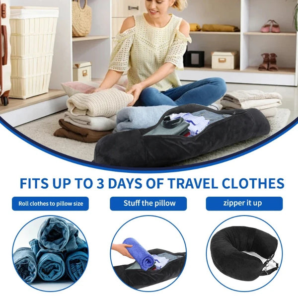 Travel Neck Pillow with Fillable Clothing U Shaped Pillowcase Velvet Cover Extra Storage Bag for Airplane Travel Space Saving