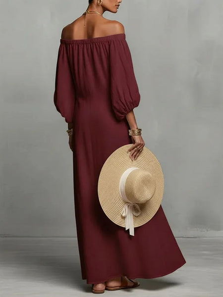 Vacation Elegant One Shoulder Linen Dress 2026 Sexy Backless Loose Bohemian Dress Fashion Print Long Sleeves Long Party Dresses