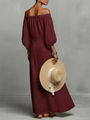 Vacation Elegant One Shoulder Linen Dress 2026 Sexy Backless Loose Bohemian Dress Fashion Print Long Sleeves Long Party Dresses