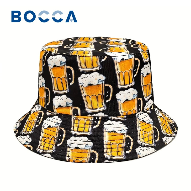 Funny Cartoon Beer Bucket Hat Double Sided Sun Cap
