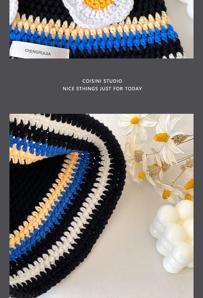 Ins Cute Cartoon Contrasting Color Knitted Bucket Hats Men Spring and Autumn Travel Photo Fashion Versatile Sweet Woman's Cap