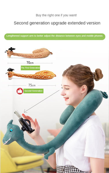 Travel Pillow with Mobile Phone Holder Lazy U-shaped Neck Support Cartoon Pillow with 360 Flexible Rotating Mobile Phone Holder