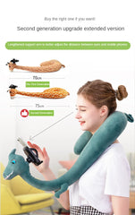 Travel Pillow with Mobile Phone Holder Lazy U-shaped Neck Support Cartoon Pillow with 360 Flexible Rotating Mobile Phone Holder