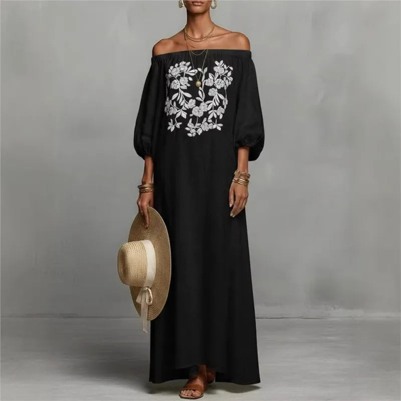 Vacation One Shoulder Linen Bohemian Dress for Women Sleeve