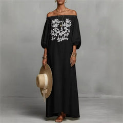 Vacation Elegant One Shoulder Linen Dress 2026 Sexy Backless Loose Bohemian Dress Fashion Print Long Sleeves Long Party Dresses