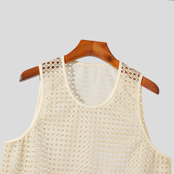 New American Style Fashion Men Tops Popular Vacation Hollow Out Mesh Vests Sexy Casual Sleeveless Tank Tops S-2XL 2025 Summer