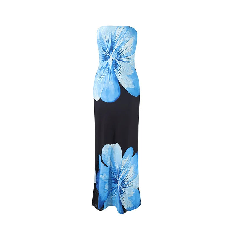 Fashion Milk Silk Fabric Floral Print Sexy Long Dresses Elegant Backless Bodycon High Waist Midi Dress 2025 Summer Vacation Boho